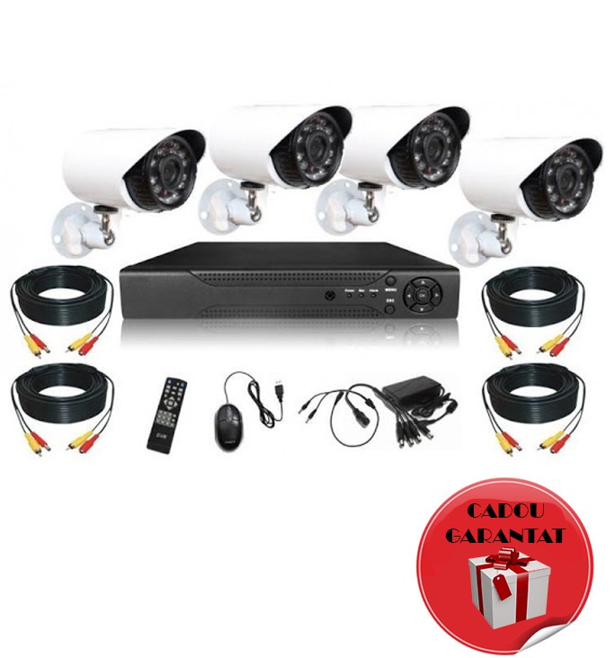 Sistem supraveghere CCTV de interior si exterior cu 4 camere HDMI, DVR, USB + Cadou Garantat