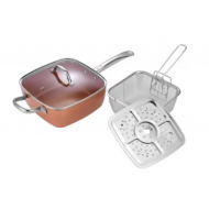 Set tigaie multifunctionala cu suprafata non aderenta, copper, friteuza, pentru cuptor, 24x24x10 cm, 4 piese, maro 