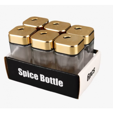 Set 6 Recipiente pentru condimente din sticla, capac de inox, auriu, 10 x 4.5 x 4.5 cm