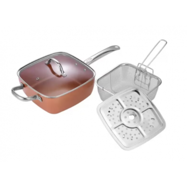 Set tigaie multifunctionala cu suprafata non aderenta, copper, friteuza, pentru cuptor, 24x24x10 cm, 4 piese, maro 