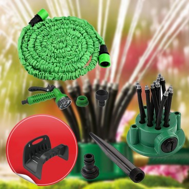 Pachet pentru gradina, Furtun expandabil pentru gradina 30 metri, pistol 7 tipuri de jet inclus + Aspersor tip Sprinkler 360 grade si Suport furtun pentru perete cadou